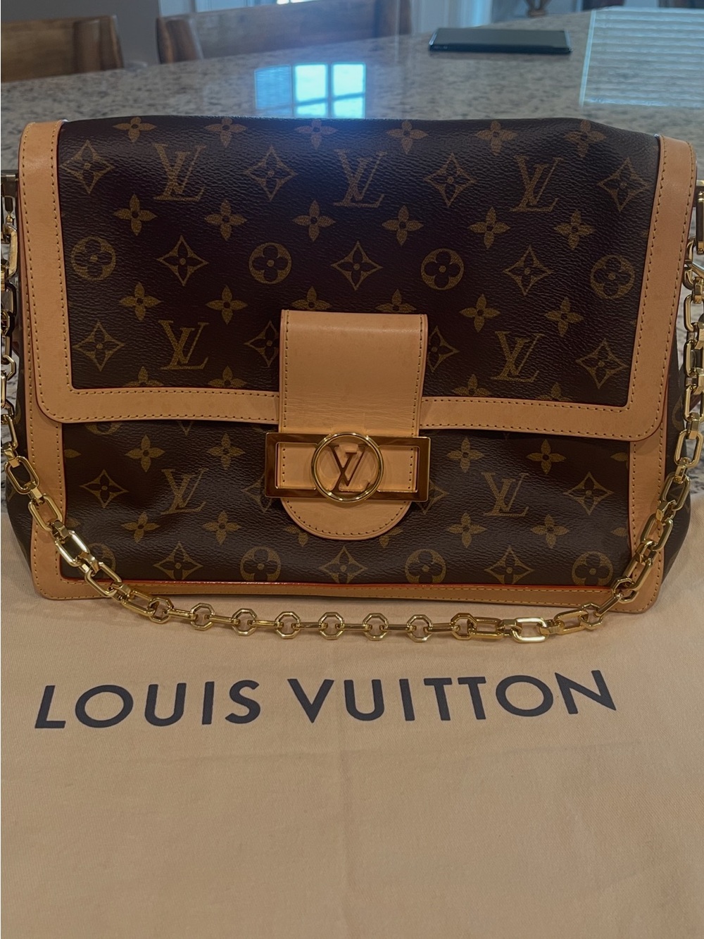 Louis Vuitton Monogram Shoulder Bag with Gold Chain and Tan Trim